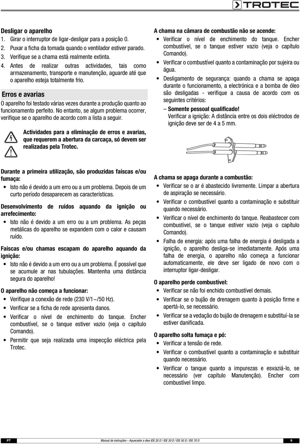 Erros e avarias O aparelho foi testado várias vezes durante a produção quanto ao funcionamento perfeito. No entanto, se algum problema ocorrer, verifique se o aparelho de acordo com a lista a seguir.