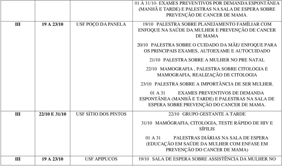 PRINCIPAIS EXAMES, AUTOEXAME E AUTOCUIDADO 21/10 PALESTRA SOBRE A MULHER NO PRE NATAL 22/10 MAMOGRAFIA, PALESTRA SOBRE CITOLOGIA E MAMOGRAFIA, REALIZAÇÃO DE CITOLOGIA 23/10 PALESTRA SOBRE A