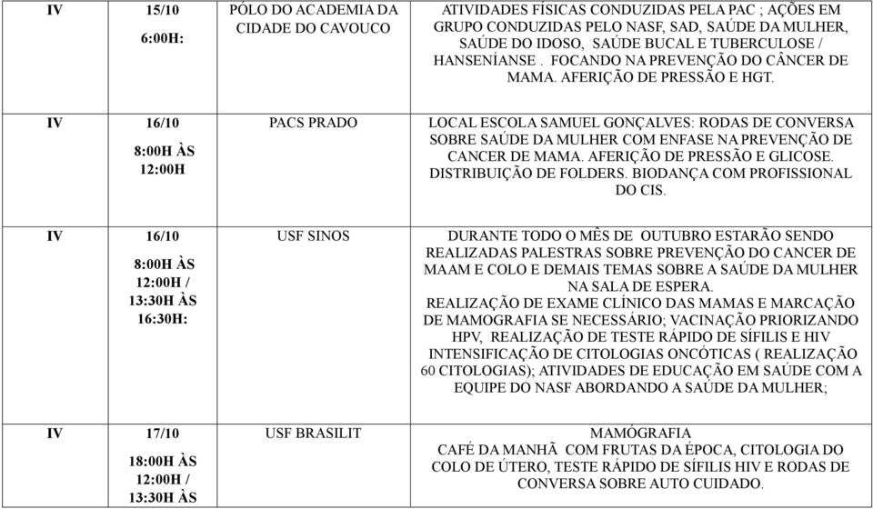 IV 16/10 8:00H ÀS 12:00H PACS PRADO LOCAL ESCOLA SAMUEL GONÇALVES: RODAS DE CONVERSA SOBRE SAÚDE DA MULHER COM ENFASE NA PREVENÇÃO DE CANCER DE MAMA. AFERIÇÃO DE PRESSÃO E GLICOSE.