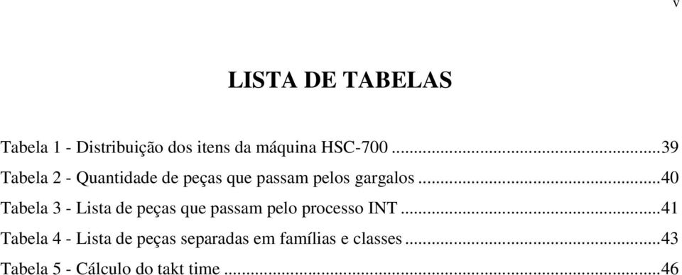 .. 40 Tabela 3 - Lista de peças que passam pelo processo INT.