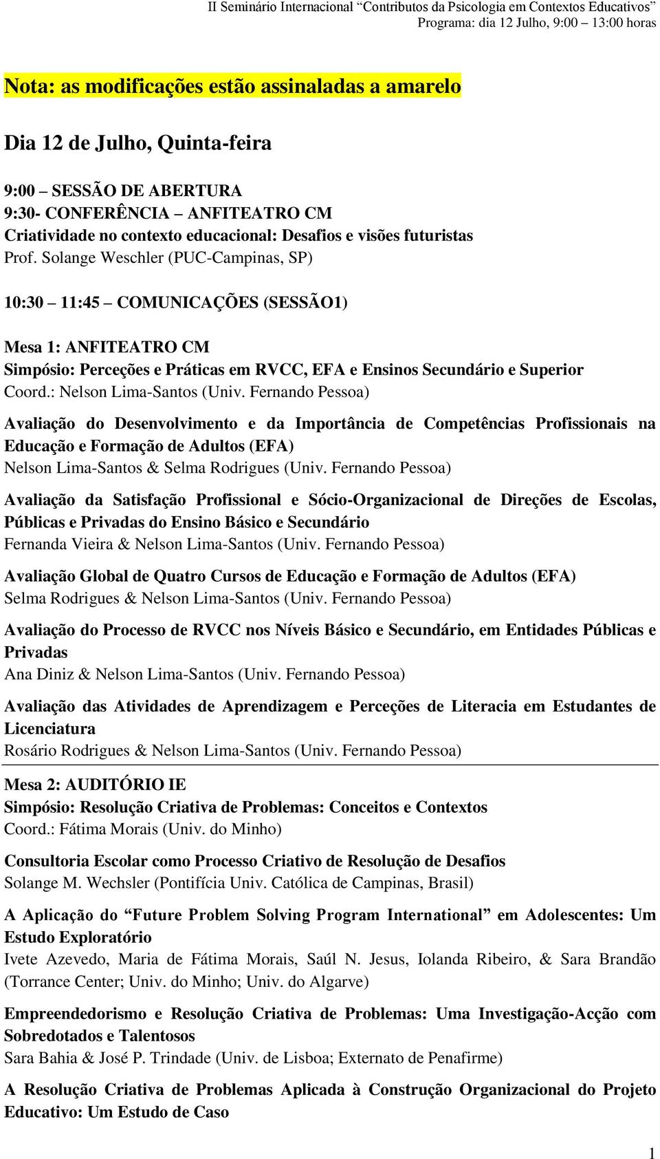 Solange Weschler (PUC-Campinas, SP) 10:30 11:45 COMUNICAÇÕES (SESSÃO1) Mesa 1: ANFITEATRO CM Simpósio: Perceções e Práticas em RVCC, EFA e Ensinos Secundário e Superior Coord.