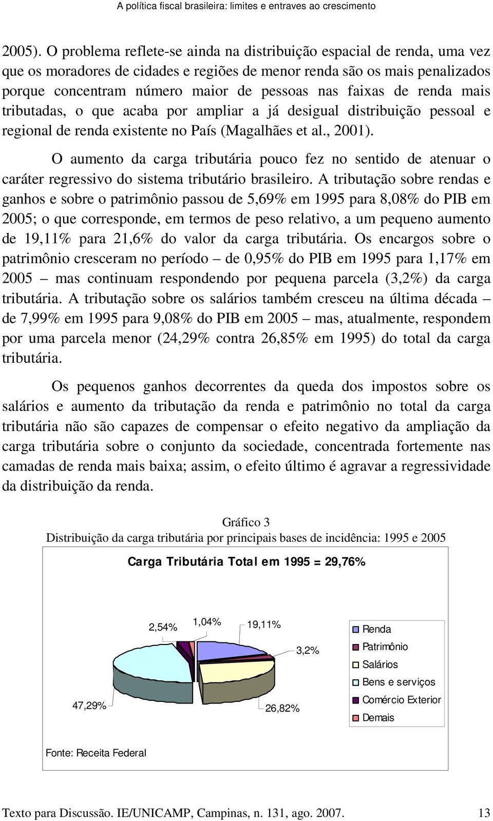 faixas de renda mais tributadas, o que acaba por ampliar a já desigual distribuição pessoal e regional de renda existente no País (Magalhães et al., 2001).