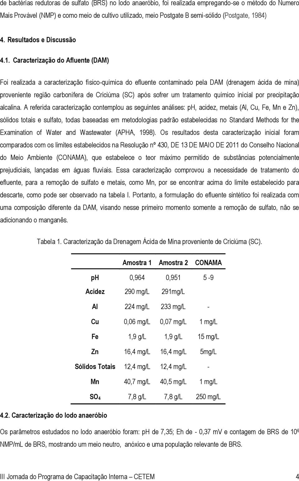 carbonífera de Criciúma (SC) após sofrer um tratamento químico inicial por precipitação alcalina.