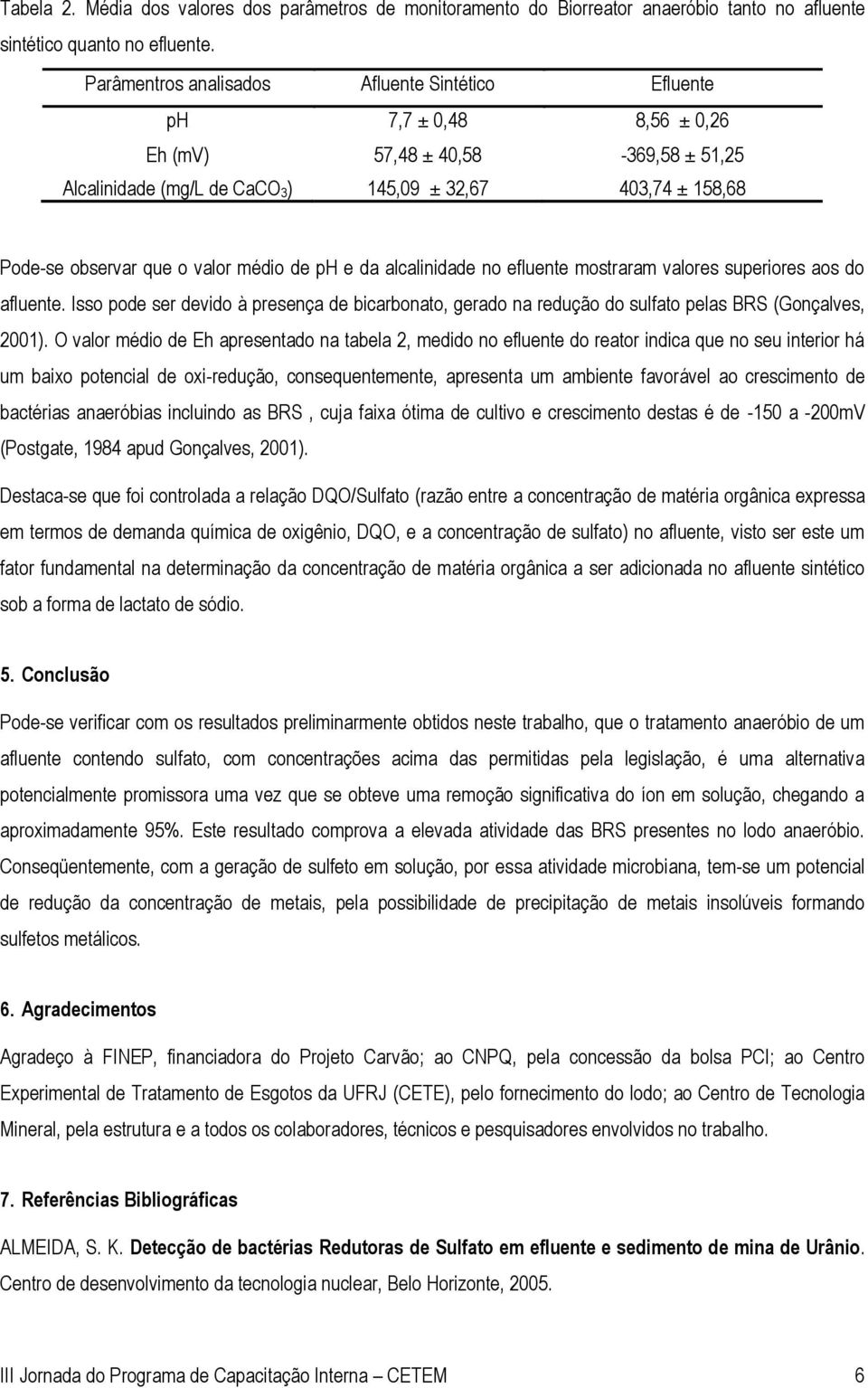 valor médio de ph e da alcalinidade no efluente mostraram valores superiores aos do afluente. Isso pode ser devido à presença de bicarbonato, gerado na redução do sulfato pelas BRS (Gonçalves, 2001).