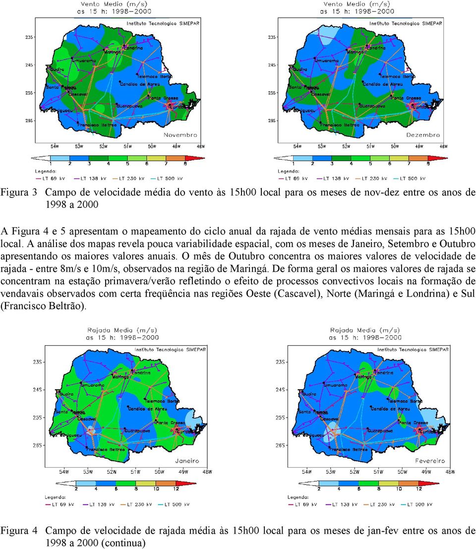 O mês de Outubro concentra os maiores valores de velocidade de rajada - entre 8m/s e 10m/s, observados na região de Maringá.