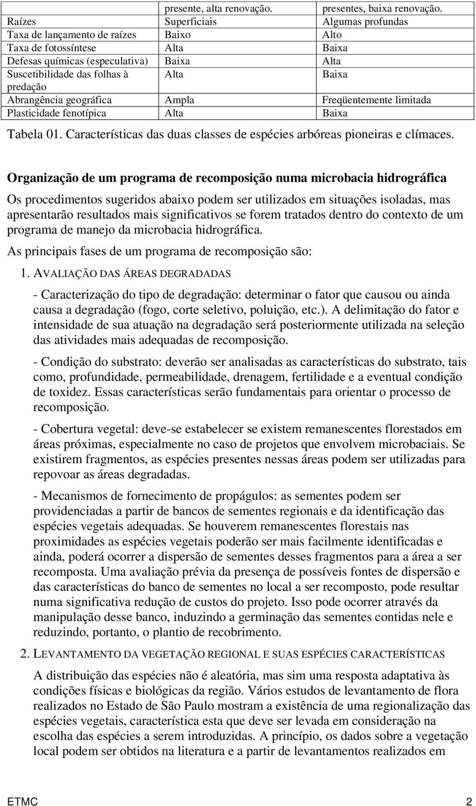 predação Abrangência geográfica Ampla Freqüentemente limitada Plasticidade fenotípica Alta Baixa Tabela 01. Características das duas classes de espécies arbóreas pioneiras e clímaces.