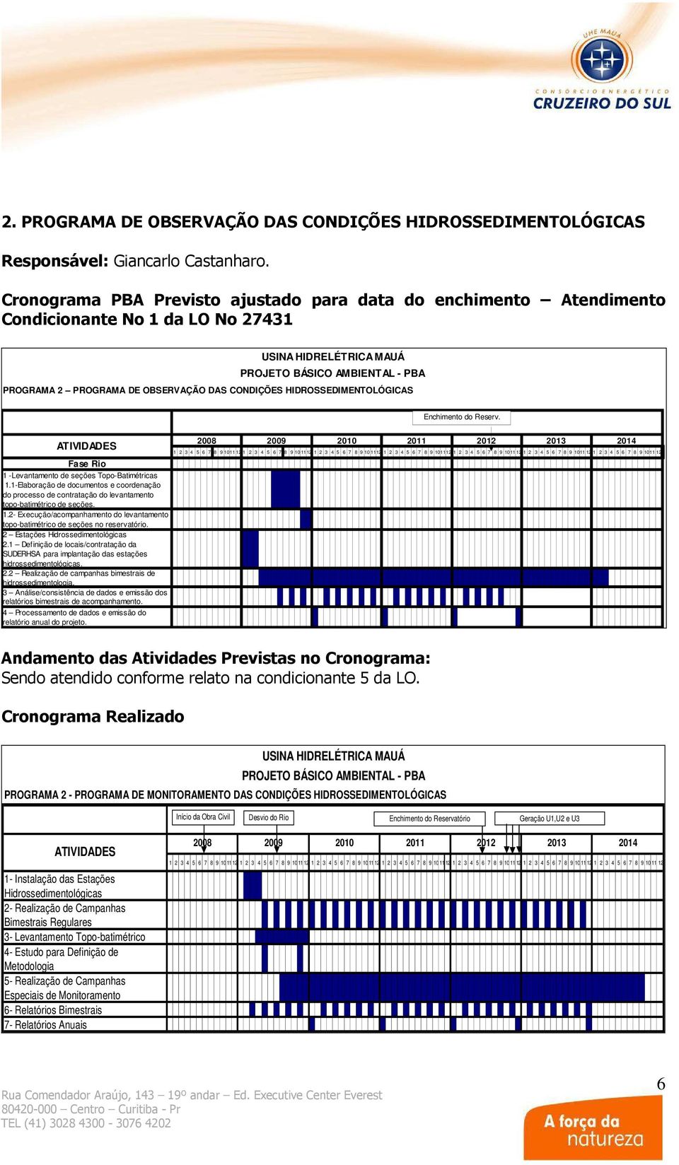 Fase Rio 1 -Levantamento de seções Topo-Batimétricas 1.1-Elaboração de documentos e coordenação do processo de contratação do levantamento topo-batimétrico de seções. 1.2- Execução/acompanhamento do levantamento topo-batimétrico de seções no reservatório.