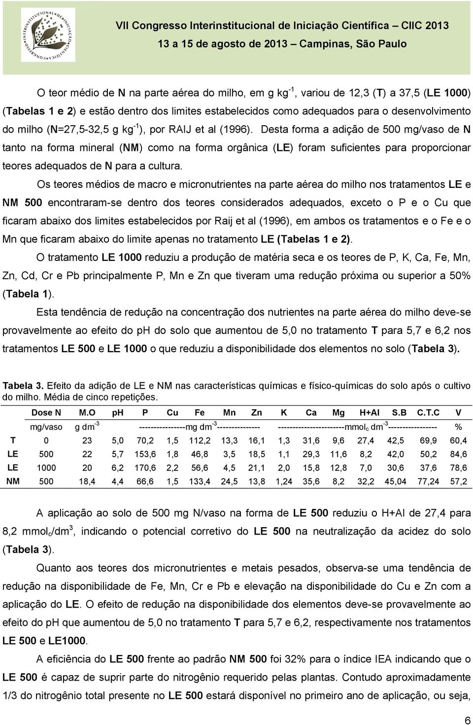 Desta forma a adição de 500 mg/vaso de N tanto na forma mineral (NM) como na forma orgânica (LE) foram suficientes para proporcionar teores adequados de N para a cultura.