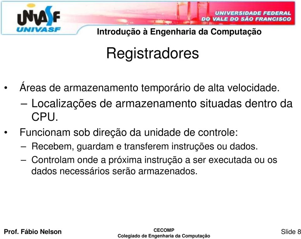 Funcionam sob direção da unidade de controle: Recebem, guardam e transferem