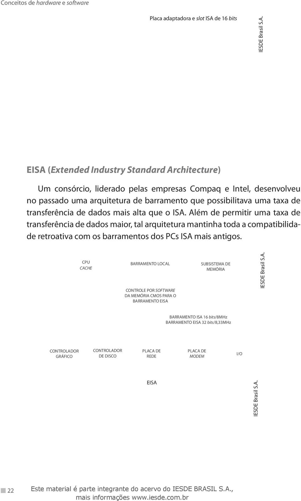 VLSI EISA (Extended Industry Standard Architecture) Um consórcio, liderado pelas empresas Compaq e Intel, desenvolveu no passado uma arquitetura de barramento que possibilitava uma