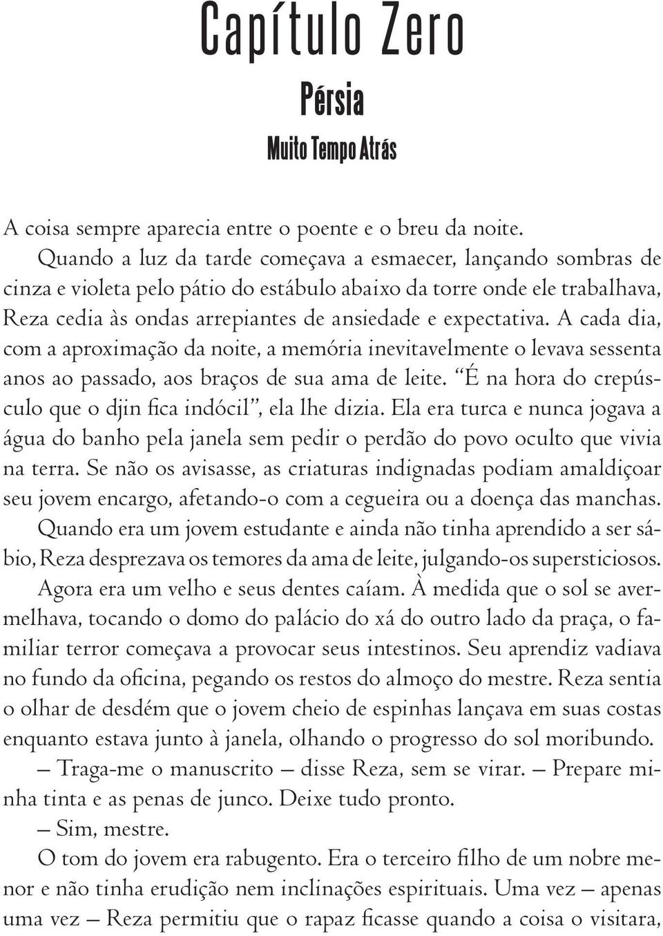 A cada dia, com a aproximação da noite, a memória inevitavelmente o levava sessenta anos ao passado, aos braços de sua ama de leite. É na hora do crepúsculo que o djin fi ca indócil, ela lhe dizia.