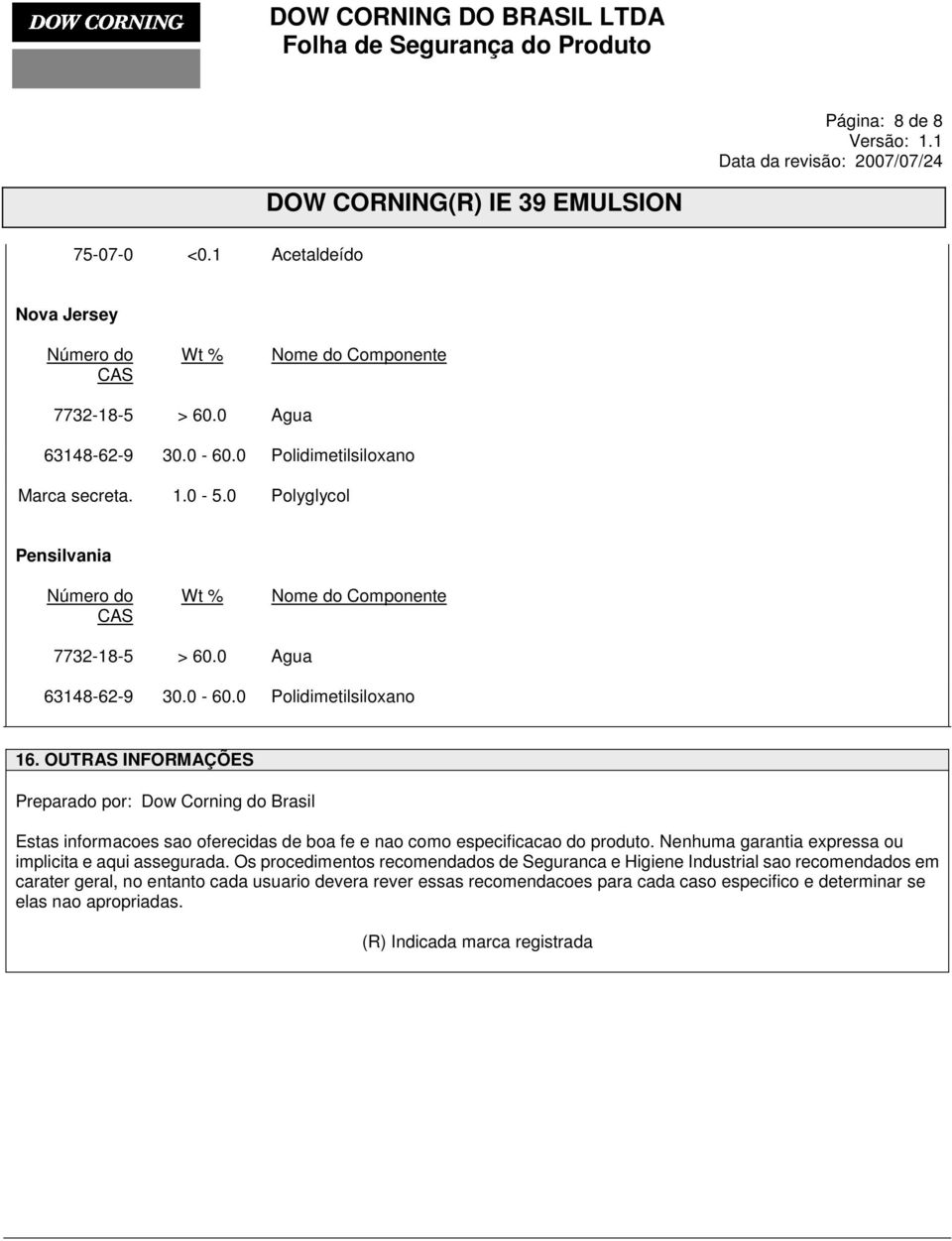 OUTRAS INFORMAÇÕES Preparado por: Dow Corning do Brasil Estas informacoes sao oferecidas de boa fe e nao como especificacao do produto.