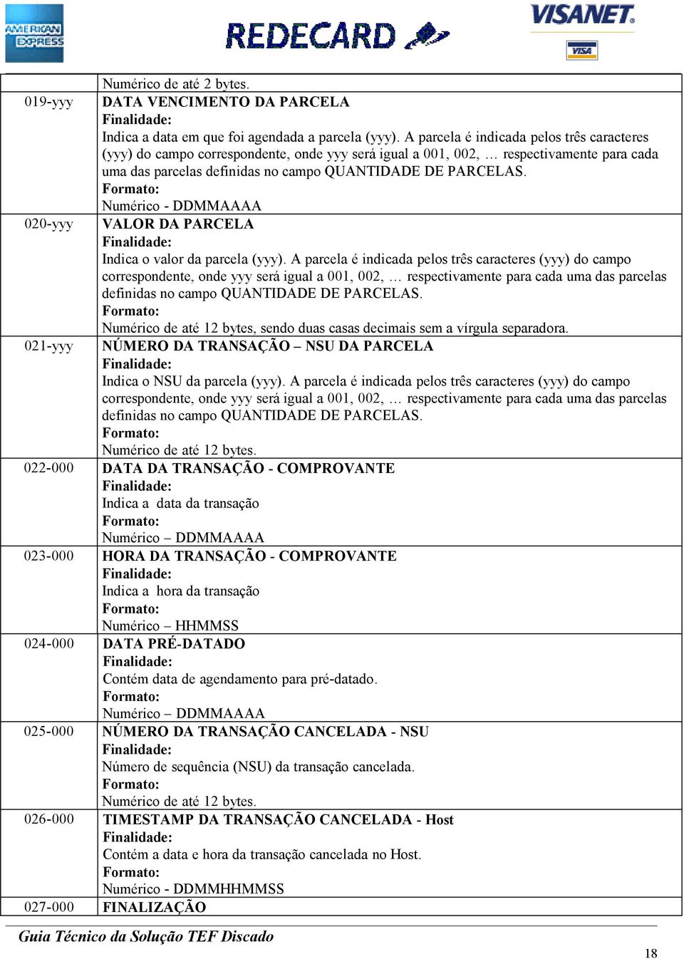 Numérico - DDMMAAAA 020-yyy VALOR DA PARCELA Indica o valor da parcela (yyy).  Numérico de até 12 bytes, sendo duas casas decimais sem a vírgula separadora.