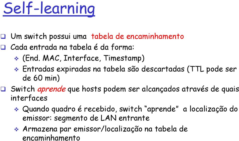 aprende que hosts podem ser alcançados através de quais interfaces Quando quadro é recebido, switch