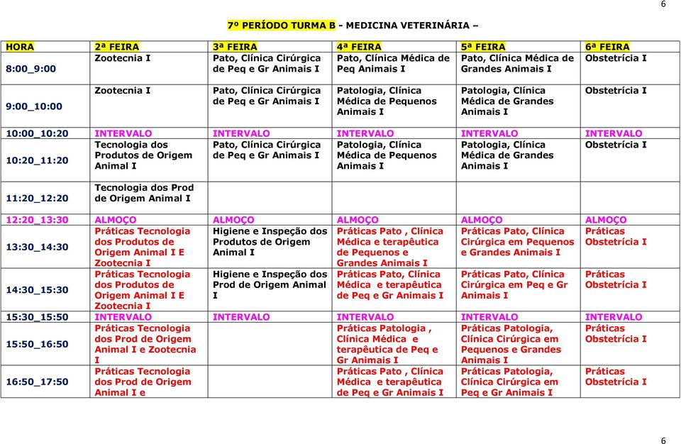 NTERVALO Tecnologia dos Pato, Clínica Cirúrgica Obstetrícia Produtos de Origem de Peq e Gr Animais Médica de Pequenos Médica de Grandes Animal Animais Animais Tecnologia dos Prod de Origem Animal
