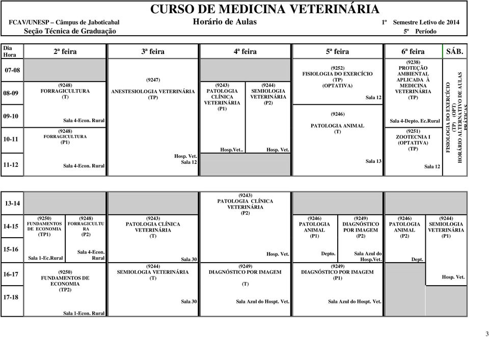 . SEMIOLO (9252) FISIOLO DO EXERCÍCIO (OPAIVA) PAOLO Sala 13 (9238) PROEÇÃO AMBIENAL APLICADA À MEDICINA Sala 4- Ec.