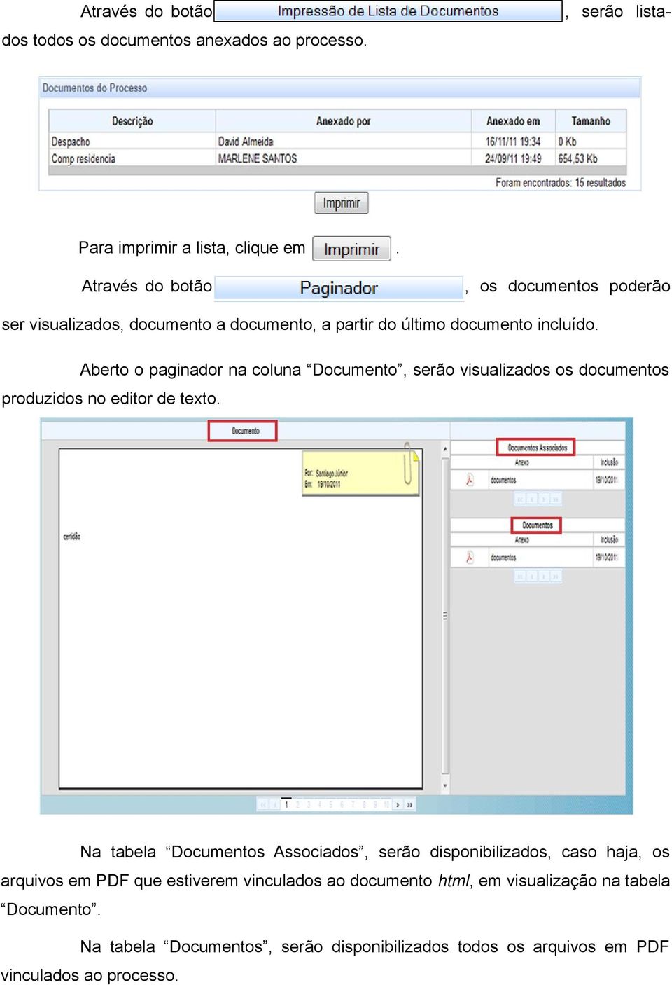 os documentos produzidos no editor de texto Na tabela Documentos Associados, serão disponibilizados, caso haja, os arquivos em PDF que estiverem