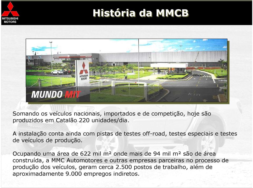 Ocupando uma área de 622 mil m² onde mais de 94 mil m² são de área construída, a MMC Automotores e outras empresas