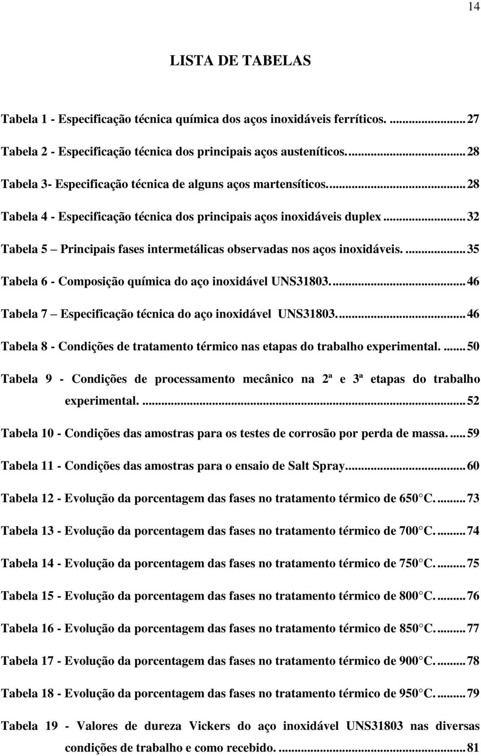 .. 32 Tabela 5 Principais fases intermetálicas observadas nos aços inoxidáveis.... 35 Tabela 6 - Composição química do aço inoxidável UNS3183.