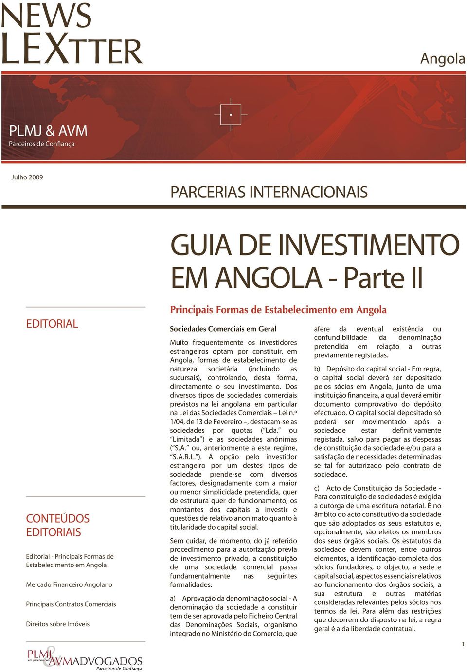 estrangeiros optam por constituir, em Angola, formas de estabelecimento de natureza societária (incluindo as sucursais), controlando, desta forma, directamente o seu investimento.