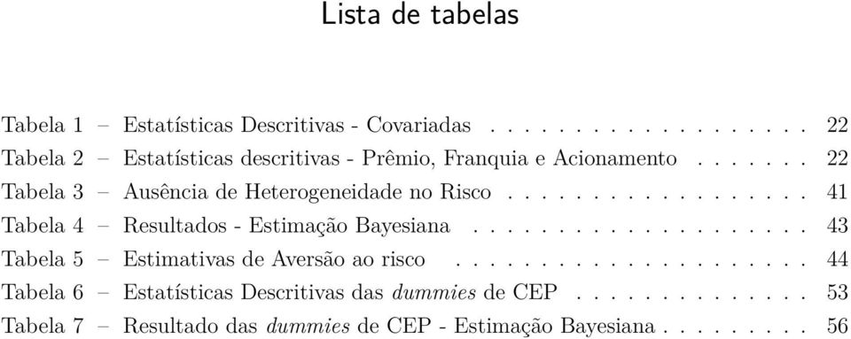 ...... 22 Tabela 3 Ausência de Heterogeneidade no Risco.................. 41 Tabela 4 Resultados - Estimação Bayesiana.