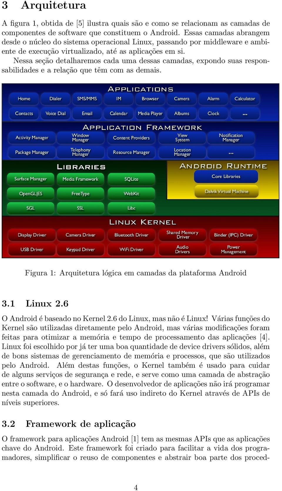 Nessa seção detalharemos cada uma dessas camadas, expondo suas responsabilidades e a relação que têm com as demais. Figura 1: Arquitetura lógica em camadas da plataforma Android 3.1 Linux 2.