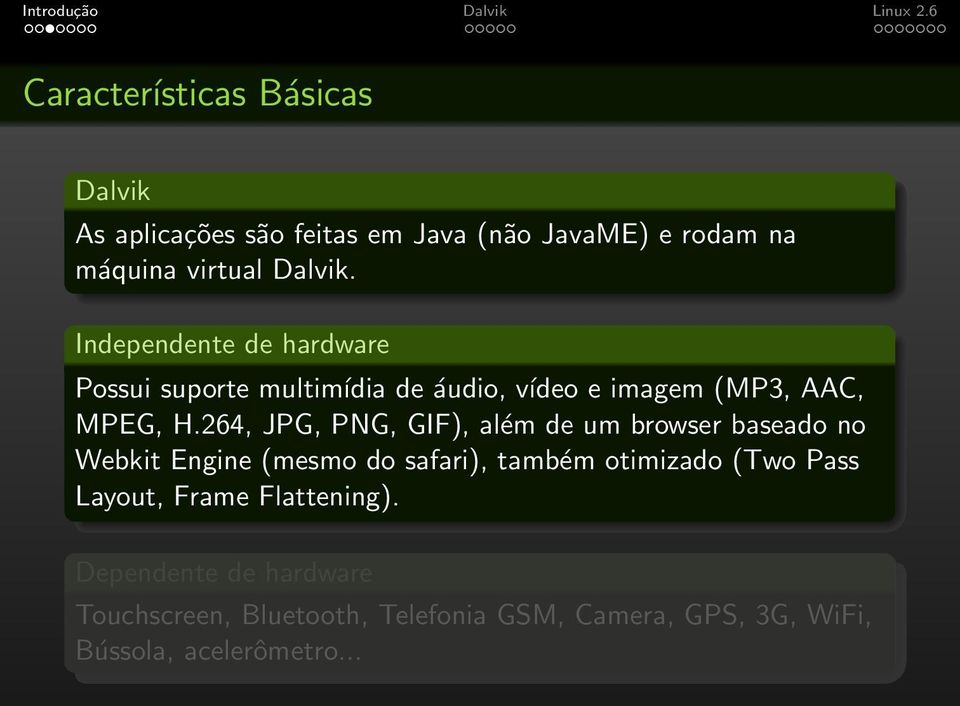 264, JPG, PNG, GIF), além de um browser baseado no Webkit Engine (mesmo do safari), também otimizado (Two Pass