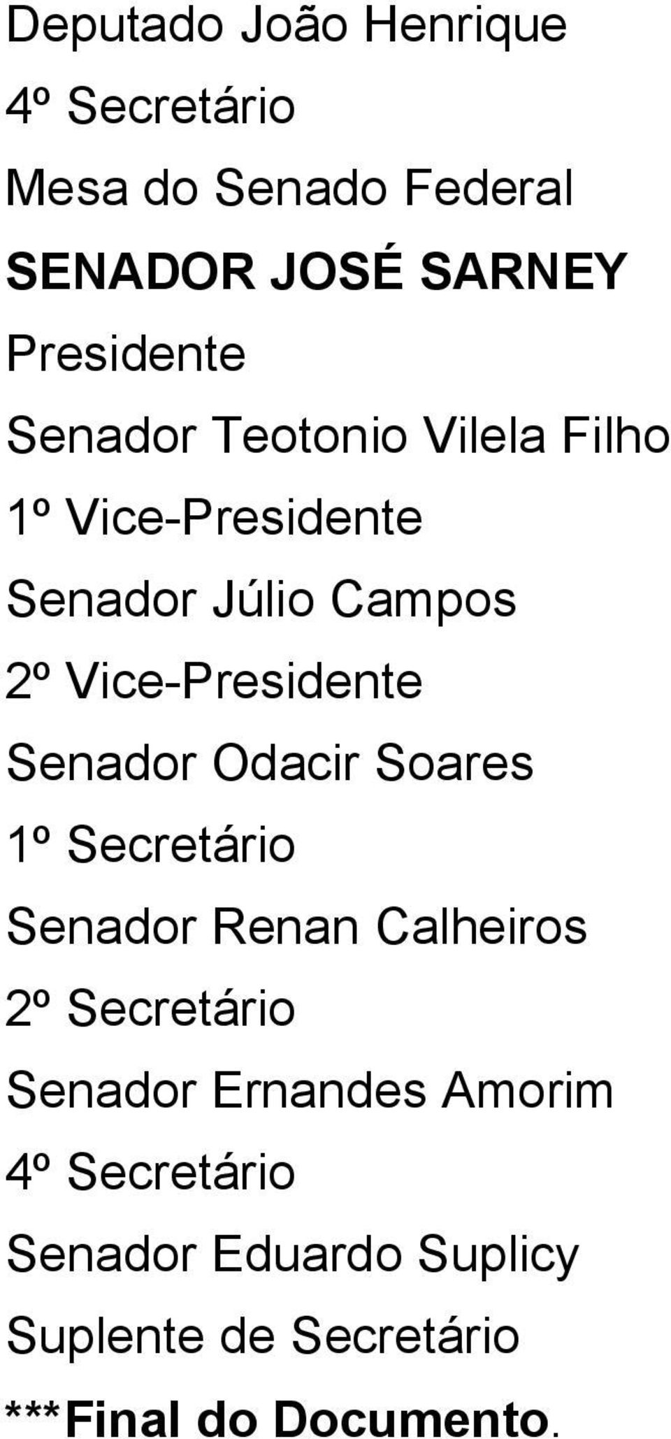 Senador Odacir Soares 1º Secretário Senador Renan Calheiros 2º Secretário Senador Ernandes