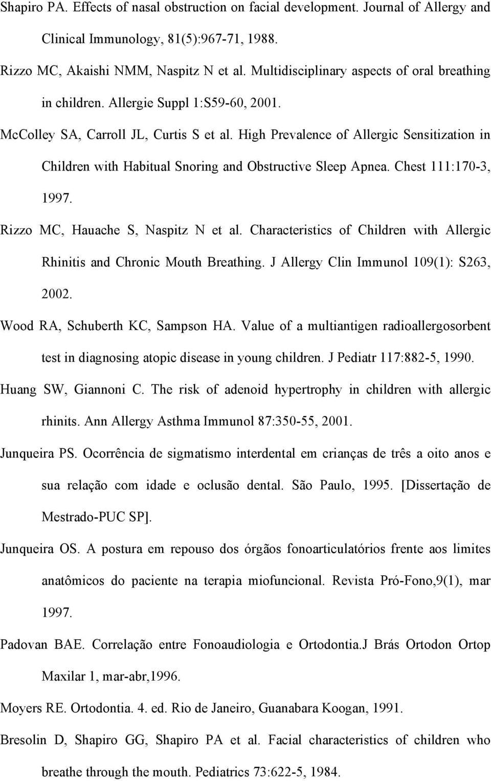 High Prevalence of Allergic Sensitization in Children with Habitual Snoring and Obstructive Sleep Apnea. Chest 111:170-3, 1997. Rizzo MC, Hauache S, Naspitz N et al.