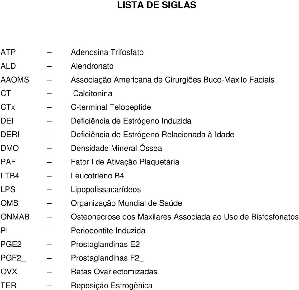 Fator l de Ativação Plaquetária LTB4 Leucotrieno B4 LPS Lipopolissacarídeos OMS Organização Mundial de Saúde ONMAB Osteonecrose dos Maxilares