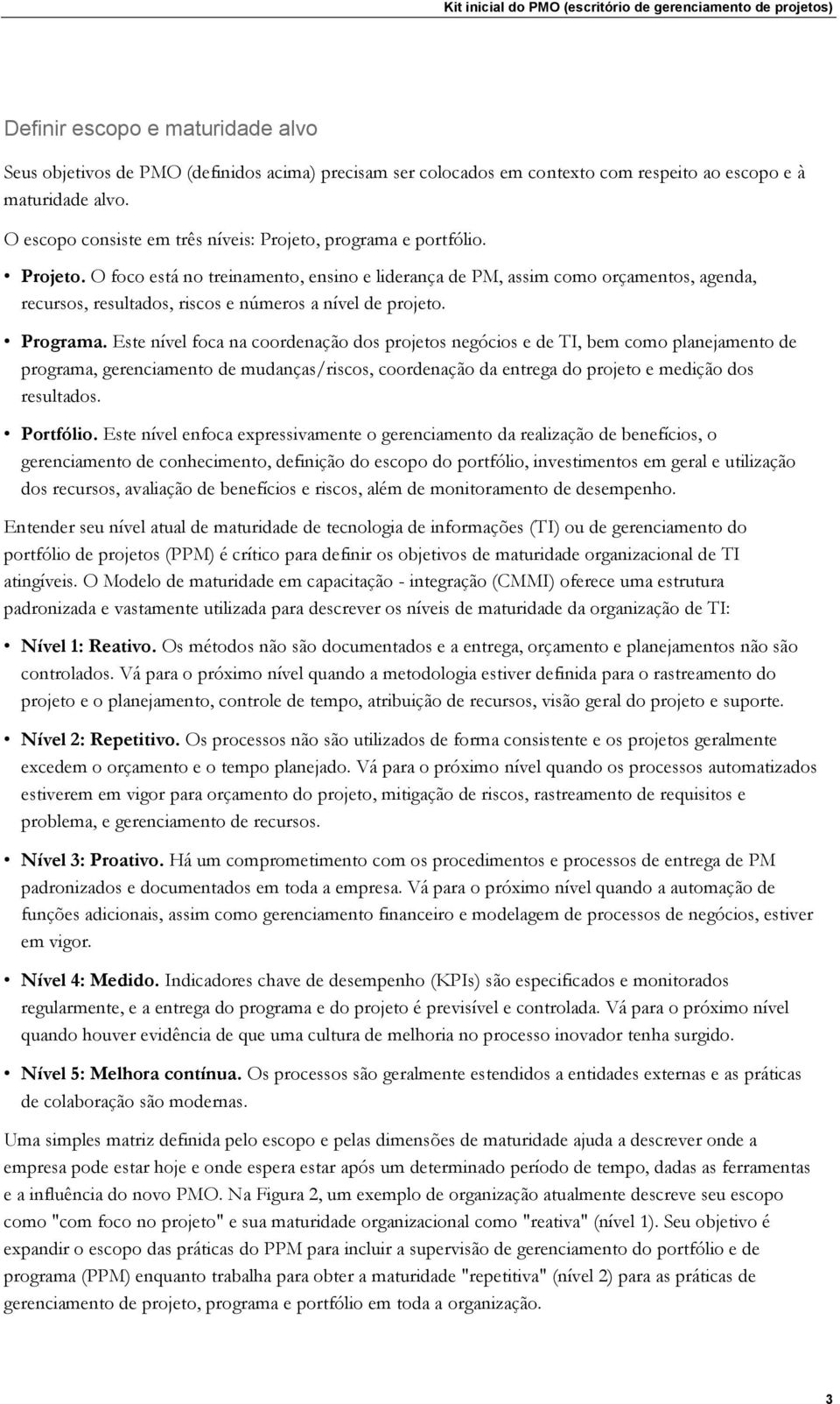 Programa. Este nível foca na coordenação dos projetos negócios e de TI, bem como planejamento de programa, gerenciamento de mudanças/riscos, coordenação da entrega do projeto e medição dos resultados.