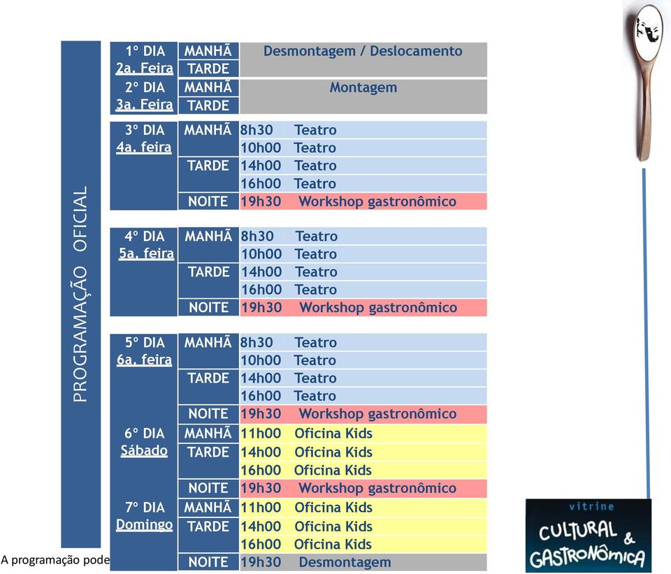 feira MANHÃ 8h30 Teatro 10h00 Teatro TARDE 14h00 Teatro 16h00 Teatro NOITE 19h30 Workshop gastronômico 5º DIA MANHÃ 8h30 Teatro 6a.