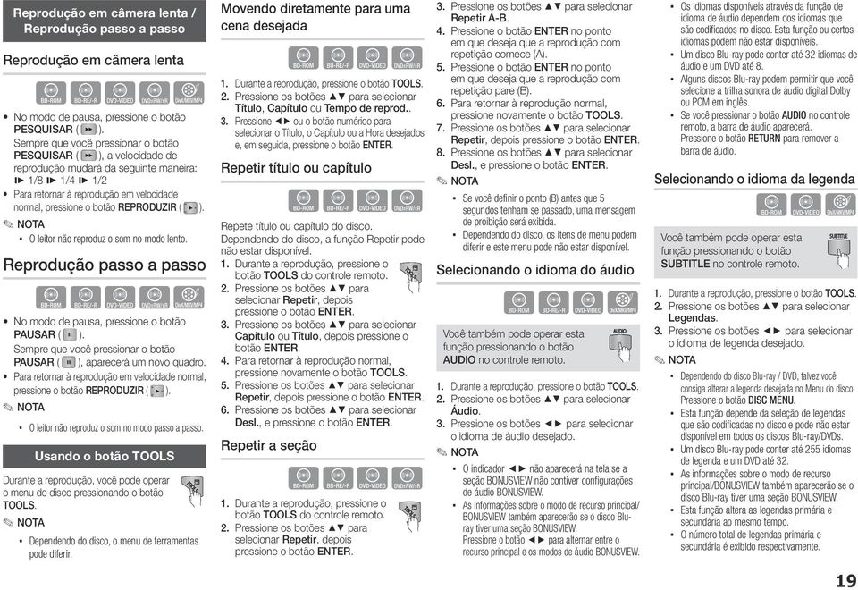 REPRODUZIR ( ). O leitor não reproduz o som no modo lento. Reprodução passo a passo hzzyx No modo de pausa, pressione o botão PAUSAR ( ).