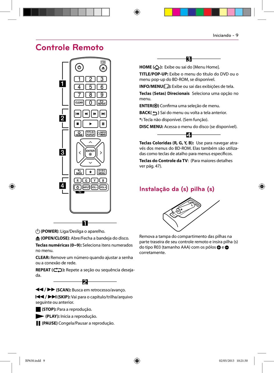 *: Tecla não disponível. (Sem função). DISC MENU: Acessa o menu do disco (se disponível). 4 Teclas Coloridas (R, G, Y, B): Use para navegar através dos menus do BD-ROM.