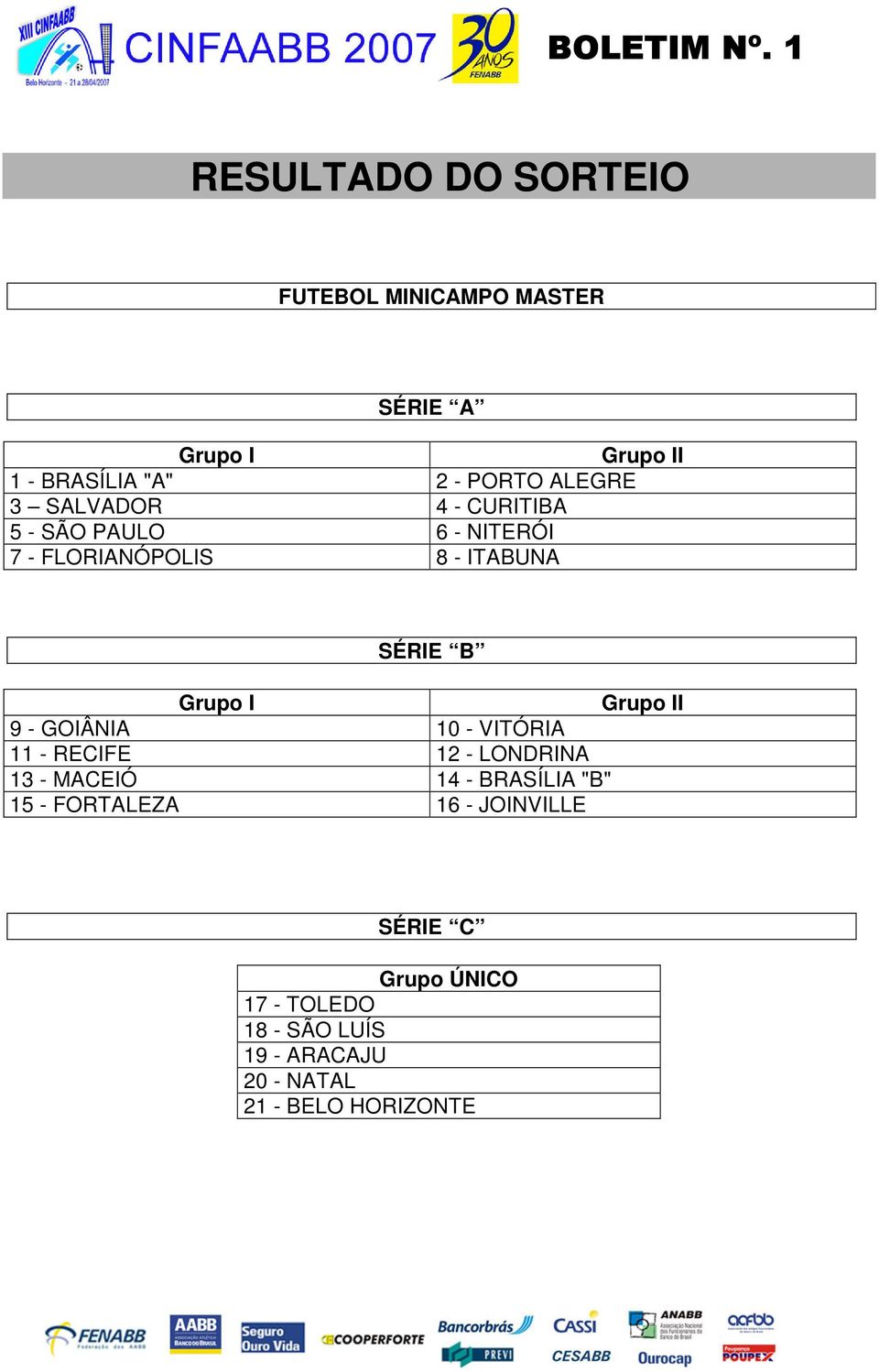 Grupo II 9 - GOIÂNIA 10 - VITÓRIA 11 - RECIFE 12 - LONDRINA 13 - MACEIÓ 14 - BRASÍLIA "B" 15 -