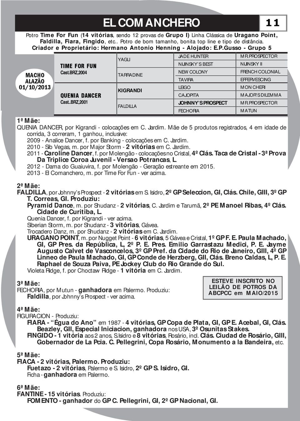 .BRZ,2001 TARRADINE KIGRANDI FALDILLA NIJINSKY S BEST NEW COLONY TAVIRA LEIGO CAJOPITA JOHNNY S PROSPECT FECHORIA NIJINSKY II FRENCH COLONIAL EFFERVESCING MON CHERI MAJOR'S DILEMMA MR.