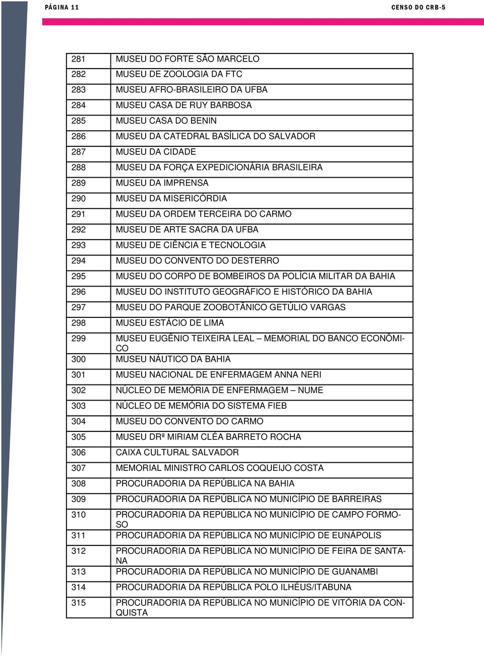 UFBA 293 MUSEU DE CIÊNCIA E TECNOLOGIA 294 MUSEU DO CONVENTO DO DESTERRO 295 MUSEU DO CORPO DE BOMBEIROS DA POLÍCIA MILITAR DA BAHIA 296 MUSEU DO INSTITUTO GEOGRÁFICO E HISTÓRICO DA BAHIA 297 MUSEU