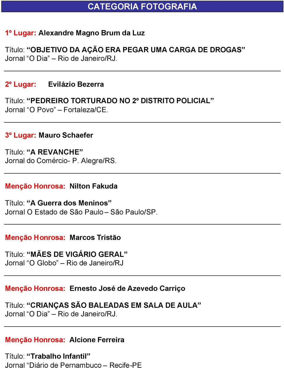 Menção Honrosa: Nilton Fakuda Título: A Guerra dos Meninos Jornal O Estado de São Paulo São Paulo/SP.