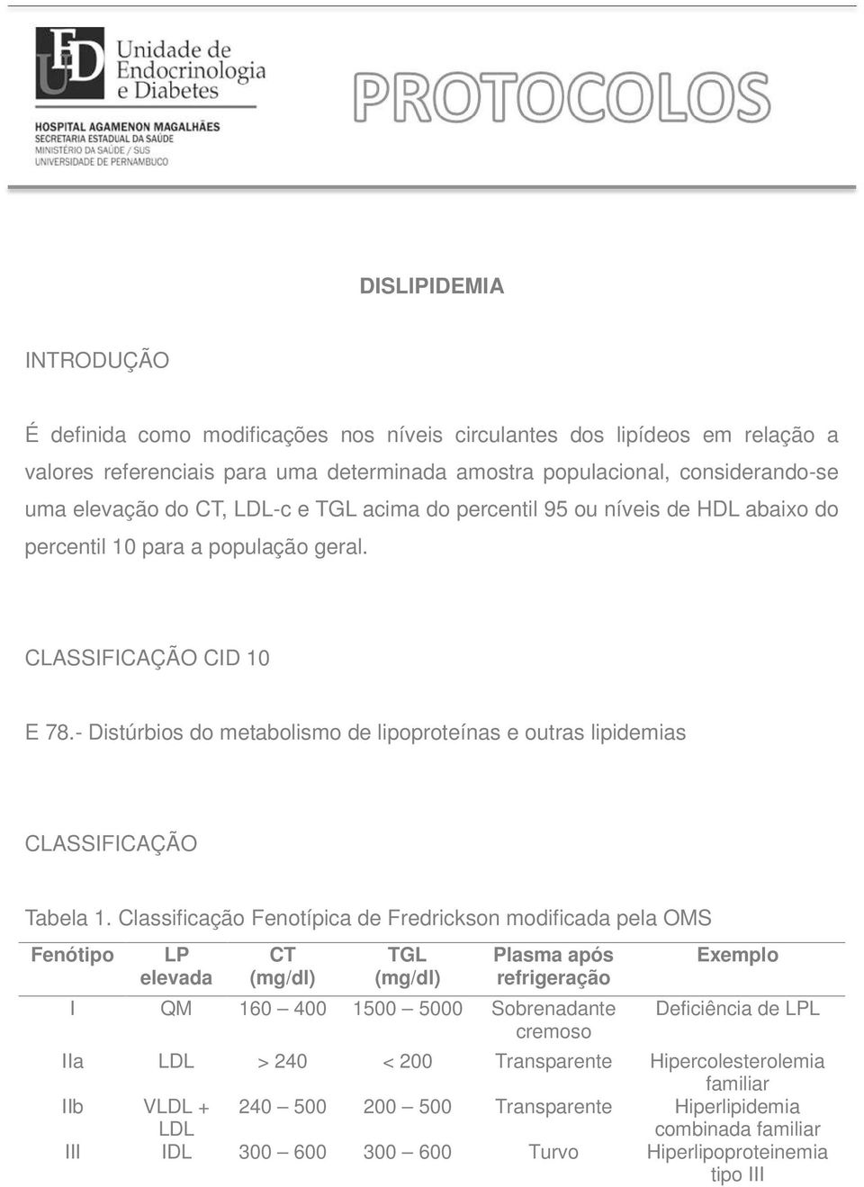 - Distúrbios do metabolismo de lipoproteínas e outras lipidemias CLASSIFICAÇÃO Tabela 1.