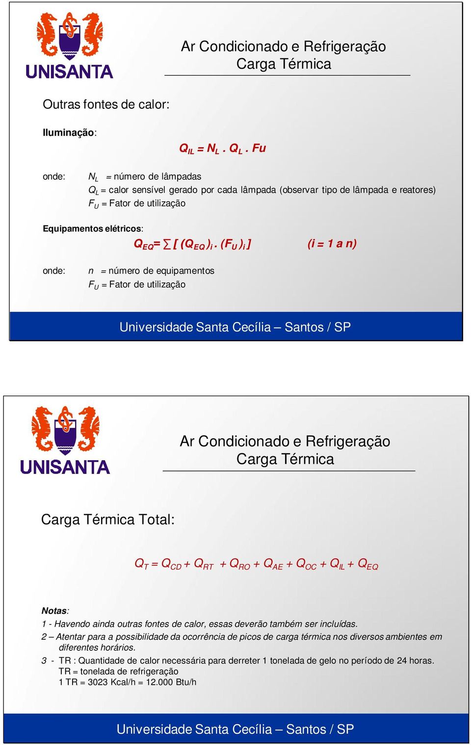 (F U ) i ] (i = a n) n = número de equipamentos F U = Fator de utilização Total: Q Universidade T = Q CD + Q Santa RT + Q Cecília RO + Q AE + Q Santos OC + Q / SP IL + Q EQ Notas: - Havendo