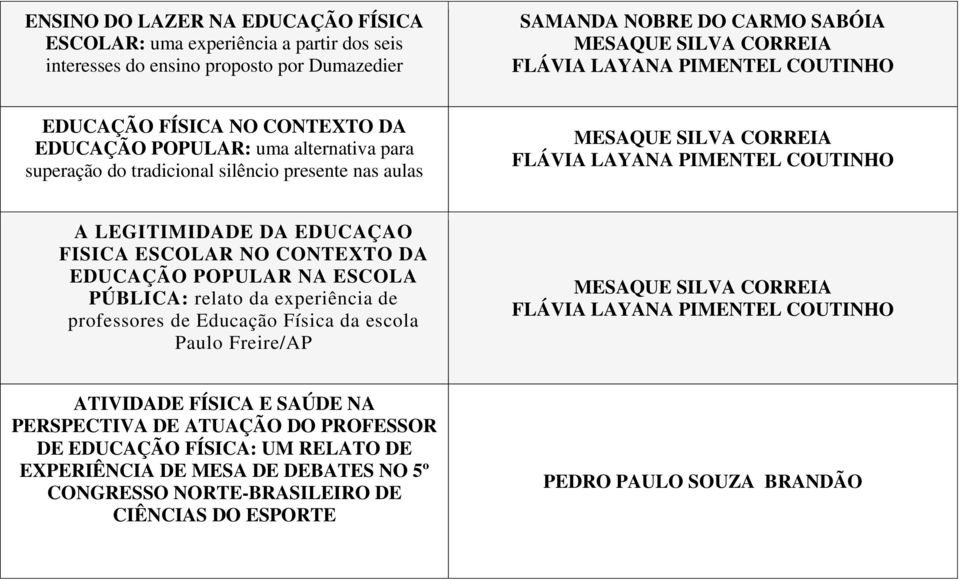 CONTEXTO DA EDUCAÇÃO POPULAR NA ESCOLA PÚBLICA: relato da experiência de professores de Educação Física da escola Paulo Freire/AP ATIVIDADE FÍSICA E SAÚDE NA