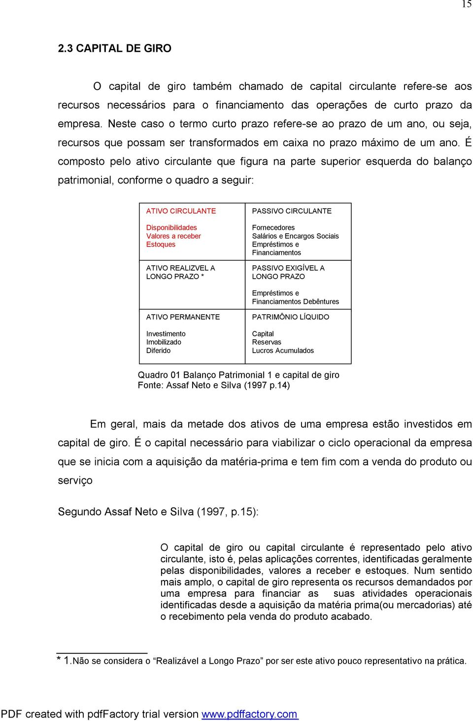 É composto pelo ativo circulante que figura na parte superior esquerda do balanço patrimonial, conforme o quadro a seguir: ATIVO CIRCULANTE Disponibilidades Valores a receber Estoques ATIVO REALIZVEL