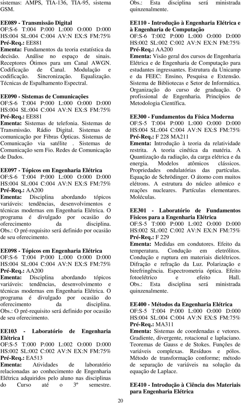 : EE881 Ementa: Sistemas de telefonia. Sistemas de Transmissão. Rádio Digital. Sistemas de comunicação por Fibras Ópticas. Sistemas de Comunicação via satélite. Sistemas de Comunicação sem Fio.