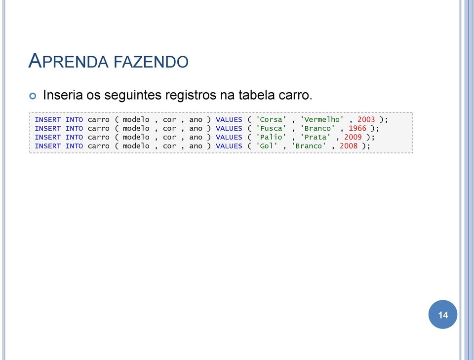 carro ( modelo, cor, ano ) VALUES ( 'Fusca', 'Branco', 1966 ); INSERT INTO carro ( modelo,