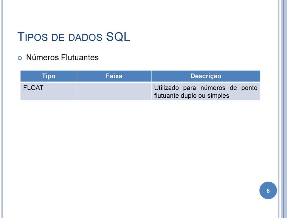 FLOAT Utilizado para números de