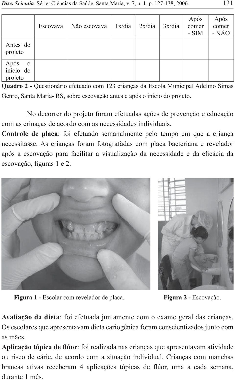 Simas Genro, Santa Maria- RS, sobre escovação antes e após o início do projeto.