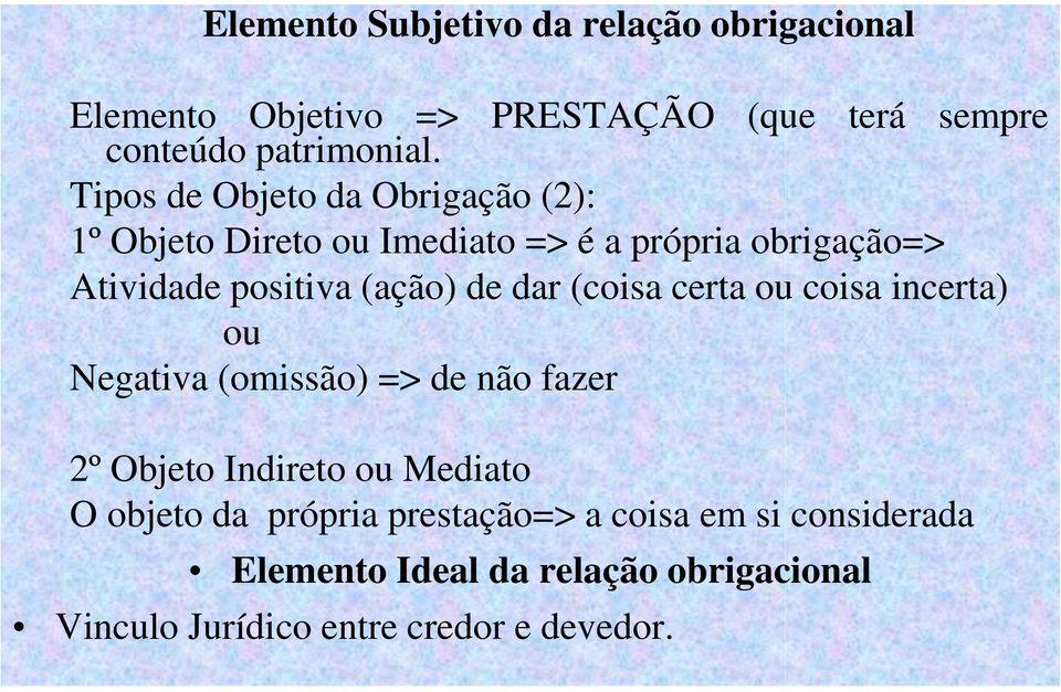 de dar (coisa certa ou coisa incerta) ou Negativa (omissão) => de não fazer 2º Objeto Indireto ou Mediato O objeto da