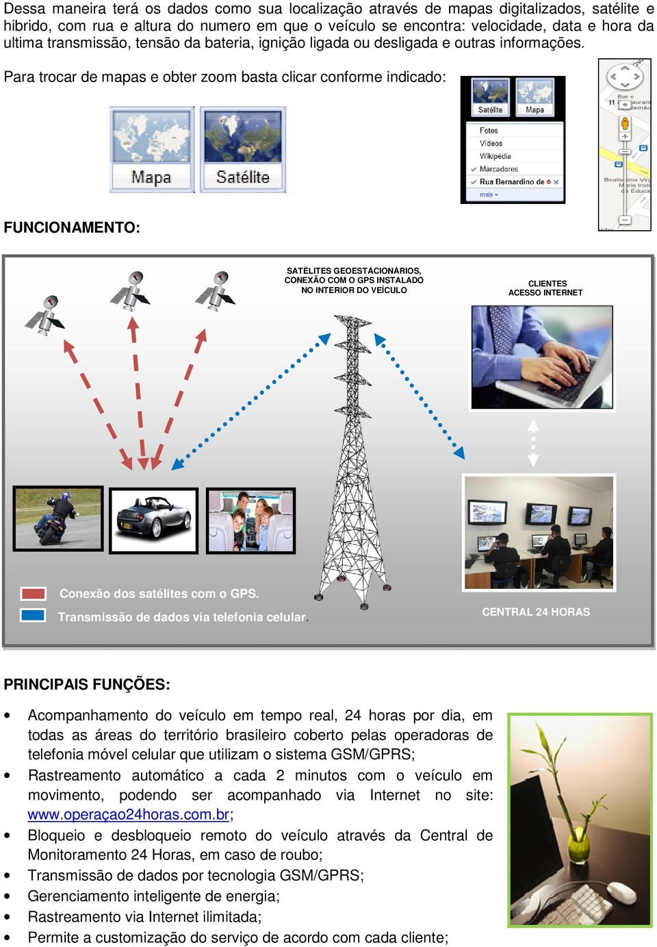 Para trocar de mapas e obter zoom basta clicar conforme indicado: FUNCIONAMENTO: SATÉLITES GEOESTÁCIONÁRIOS, CONEXÃO COM O GPS INSTALADO NO INTERIOR DO VEÍCULO CLIENTES ACESSO INTERNET Conexão dos