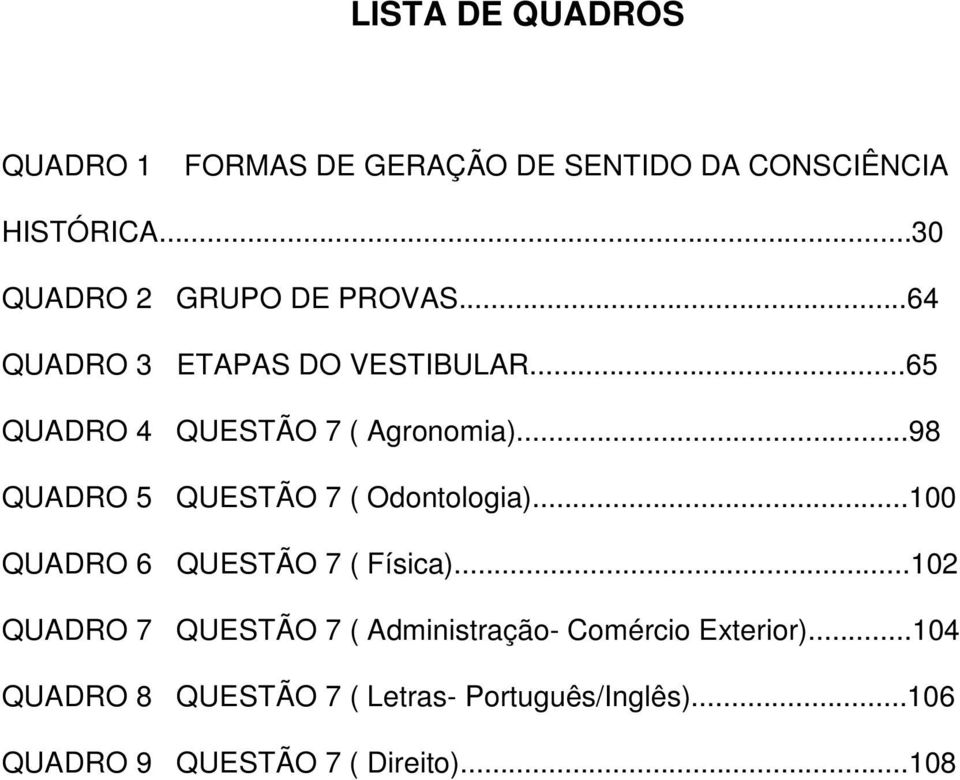 ..98 QUADRO 5 QUESTÃO 7 ( Odontologia)...100 QUADRO 6 QUESTÃO 7 ( Física).