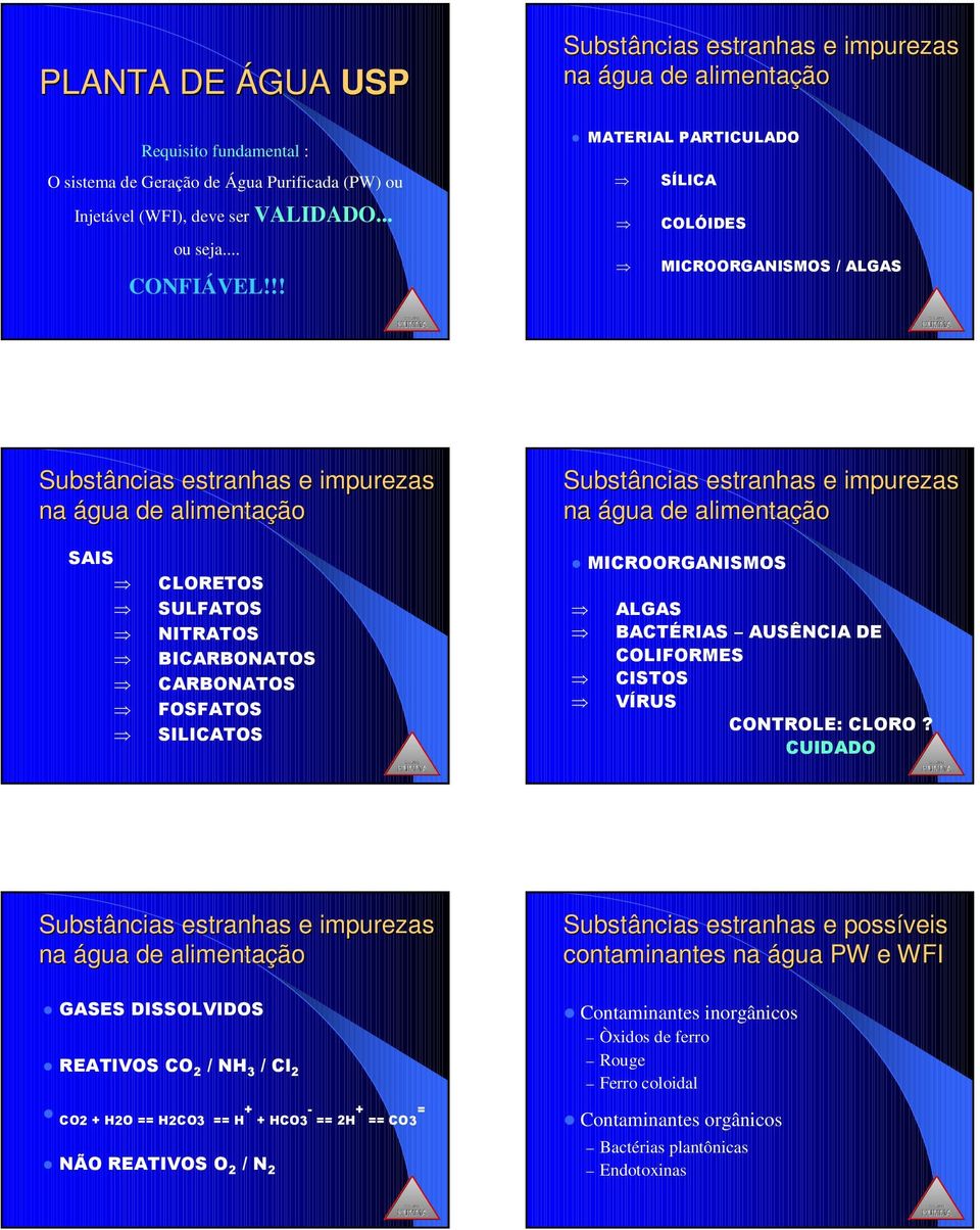 estranhas e impurezas na água de alimentação SAIS CLORETOS SULFATOS NITRATOS BICARBONATOS CARBONATOS FOSFATOS SILICATOS 16 MICROORGANISMOS ALGAS BACTÉRIAS AUSÊNCIA DE COLIFORMES CISTOS VÍRUS